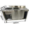 Commercial Stainless Steel Sink with Cupboard &amp; Splashback 2 Bowls Left Side 1500x600x850mm | CaterEq CEQNH1008