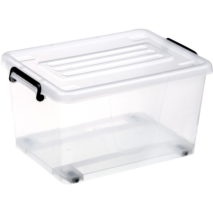 Pack of 12 Plastic Storage Box with Wheels & Lid & Clips 27 litre 465x337x258mm Polypropylene - CES1027
