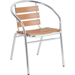 Bistro Dining Chair with Armrests Aluminium Frame Faux Wood Slats Indoors & Outdoors | CaterEq CESC017W
