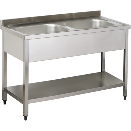 Commercial Sink Stainless steel 2 bowls Bottom shelf Splashback 1400mm Depth 600mm - CEVS146BT