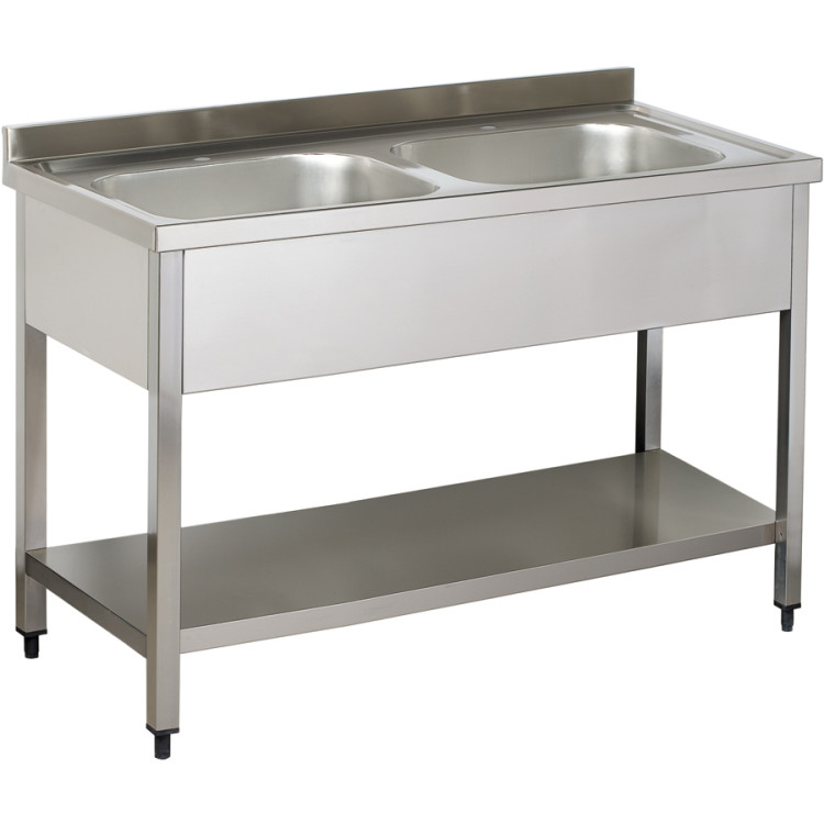 Commercial Sink Stainless steel 2 bowls Bottom shelf Splashback 1200mm Depth 700mm - CEVS127BT