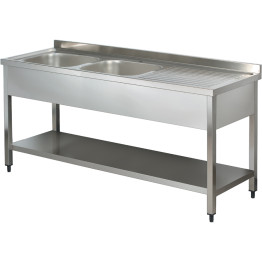 Commercial Sink Stainless steel 2 bowls Left Bottom shelf Splashback 1600mm Depth 700mm - CEVS167LBT