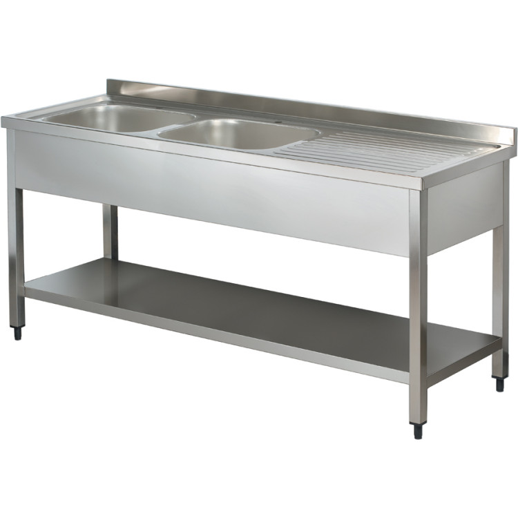 Commercial Sink Stainless steel 2 bowls Left Bottom shelf Splashback 1600mm Depth 700mm - CEVS167LBT