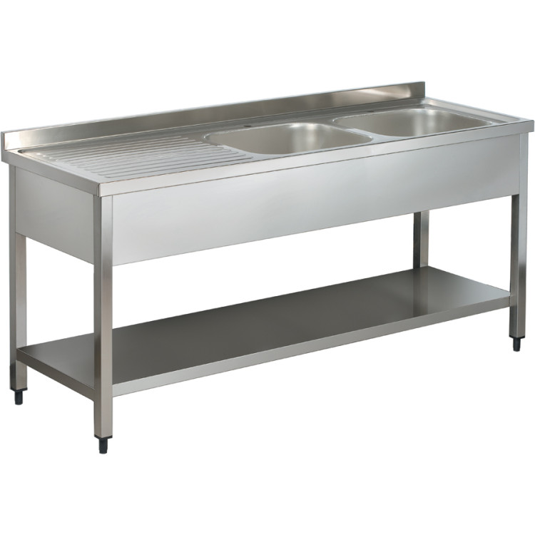Commercial Sink Stainless steel 2 bowls Right Bottom shelf Splashback 1600mm Depth 700mm - CEVS167RBT