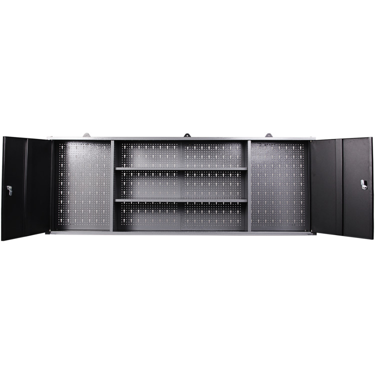 Professional Grey and Black Wall Mounted Double Door Tool Cabinet with Open Shelf/Rack and Key 1600x200x600mm - CETC003A