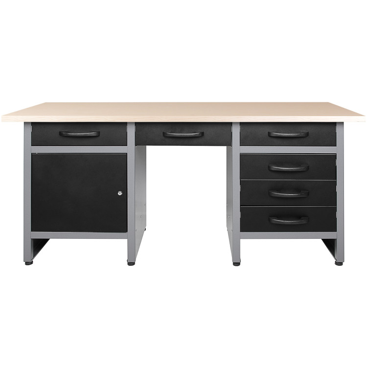 Professional Grey and Black Workshop Workbench with 30mm Wooden Desktop, 6 Drawers and Lockable Door 1600x600x850mm - CETC007