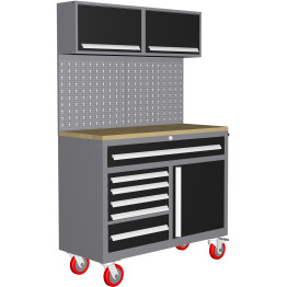 Garage Workstation Set -  with Wooden Desktop, 6 Drawers, 2 Top tool cabinets, and 1 lower cupboard, 1200x500x1870mm - CETC063