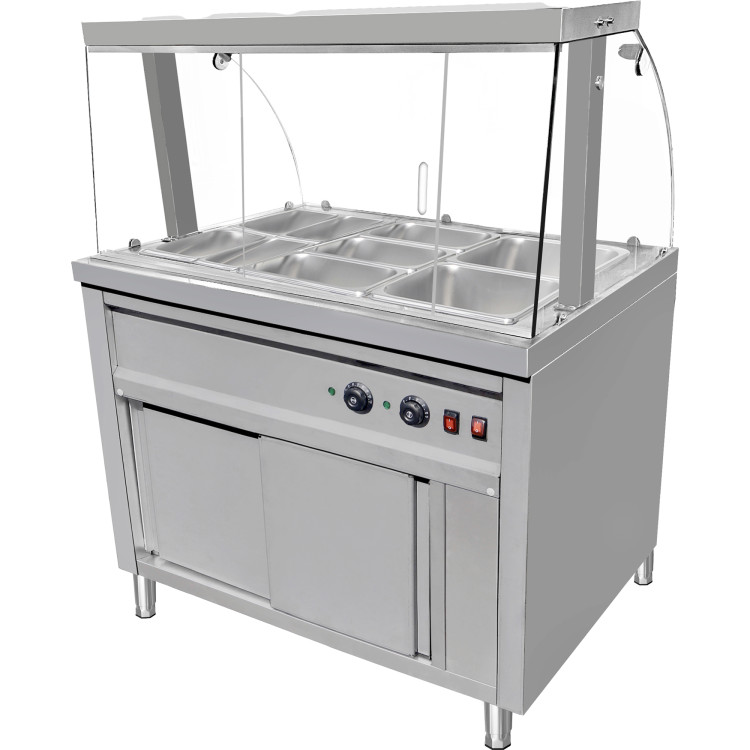 Commercial Bain Marie Hot Food Display with Glass Cover Acrylic Sliding Door and Top Light 1165x690x1400mmmm | CaterEq CEVMGN3AGH