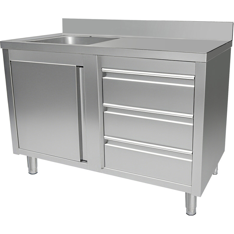 Commercial Sink with Cupboard and 3 Drawers Stainless Steel 1 Bowl Left Splashback 1200x600x950mm | CaterEq CEVSC126LBS3RD