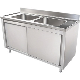 Commercial Sink with Cupboard Stainless Steel 2 Bowls with Splashback 1400x600x950mm - CEVSC146BT