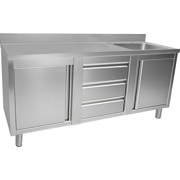 Commercial Sink with 2 Cupboards and 3 Drawers Stainless Steel 1 Bowl Right Splashback 1800x600x950mm | CaterEq CEVSC186RBS3MD