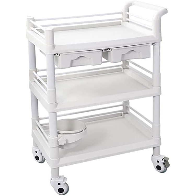 Professional 3 Tier Mobile Medical Trolley 2 Drawers ABS 750x530x980mm - CEWH3LT7553D2