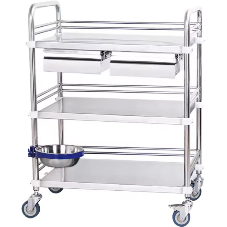 Professional 3 Tier Medical Trolley 2 Drawers Stainless Steel 770x450x860mm - CEWHSS3T7745D2