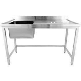 Commercial Stainless Steel Single Sink with Left Bowl & Right Scrapping Hole + Splashback 1500x700x950mm | CaterEq CEWHSTD1570L
