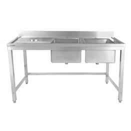 Commercial Stainless Steel Double Sink with 2 Right Bowls & Left Scrapping Hole + Splashback 1500x600x950mm | CaterEq CEWHSTT1560R