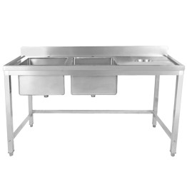 Commercial Stainless Steel Double Sink with 2 Left Bowls & Right Scrapping Hole + Splashback 1800x600x950mm | CaterEq CEWHSTT1860L