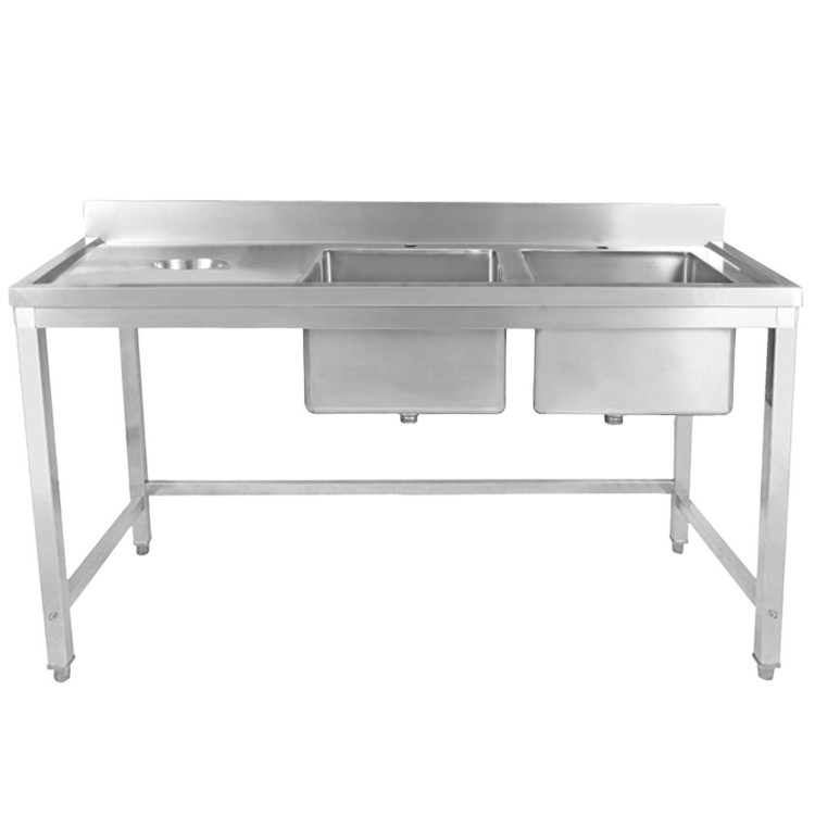 Commercial Stainless Steel Double Sink with 2 Right Bowls & Left Scrapping Hole + Splashback 1800x600x950mm | CaterEq CEWHSTT1860R