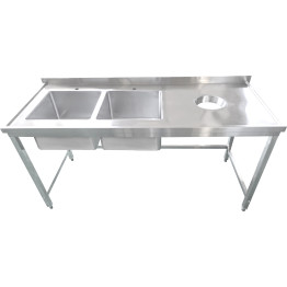 Commercial Stainless Steel Double Sink with 2 Left Bowls & Right Scrapping Hole + Splashback 1800x700x950mm | CaterEq CEWHSTT1870L