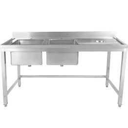 Commercial Stainless Steel Double Sink with 2 Left Bowls & Right Scrapping Hole + Splashback 2000x600x950mm | CaterEq CEWHSTT2060L