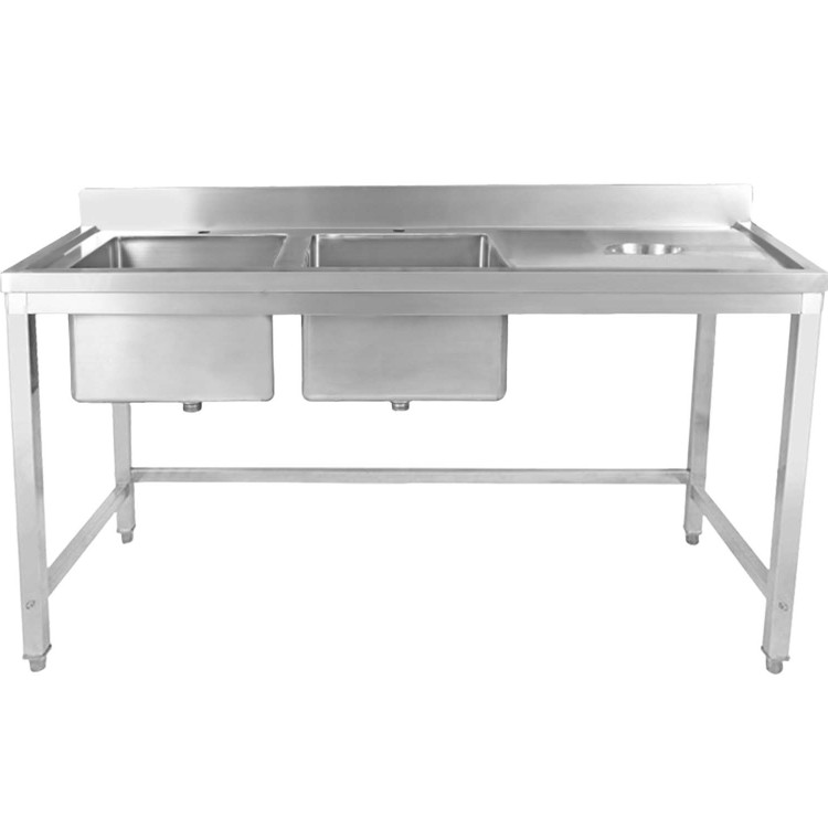 Commercial Stainless Steel Double Sink with 2 Left Bowls & Right Scrapping Hole + Splashback 2000x700x950mm | CaterEq CEWHSTT2070L