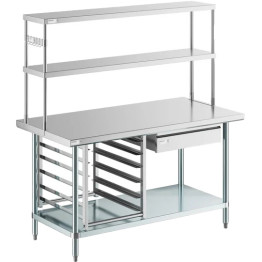 Commercial Stainless Steel Work Table with Overshelf, Drawer & GN Pan Rack 1500x700x1700mm | CaterEq CEWT70150PS