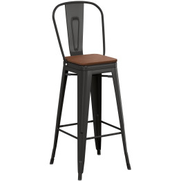 High Bar Stool Steel Black with Wooden Seat and High Backrest Indoors - CEWW172B