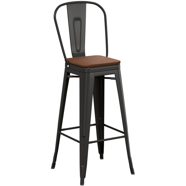 High Bar Stool Steel Black with Wooden Seat and High Backrest Indoors - CEWW172B