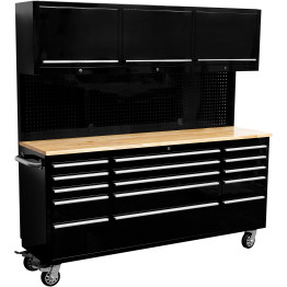 Heavy Duty 72" Steel Rolling Tool Chest with Wooden Worktop & Upper Cabinet & Pegboard 15 Drawers 1978x515x1828mm Black | CaterEq CEYZM112