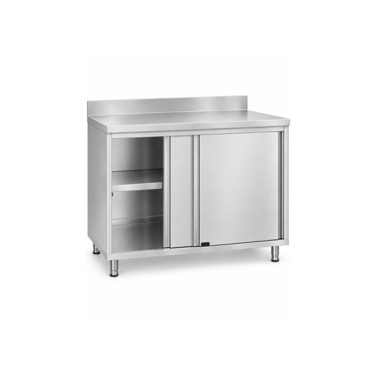 Commercial Stainless Steel Sliding Door Work Table Cabinet with Shelf and Backsplash 800x600x950mm | CaterEq CEQNH810