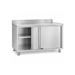 Commercial Stainless Steel Sliding Door Work Table Cabinet with Shelf and Backsplash 1400x700x950mm | CaterEq CEQNH826