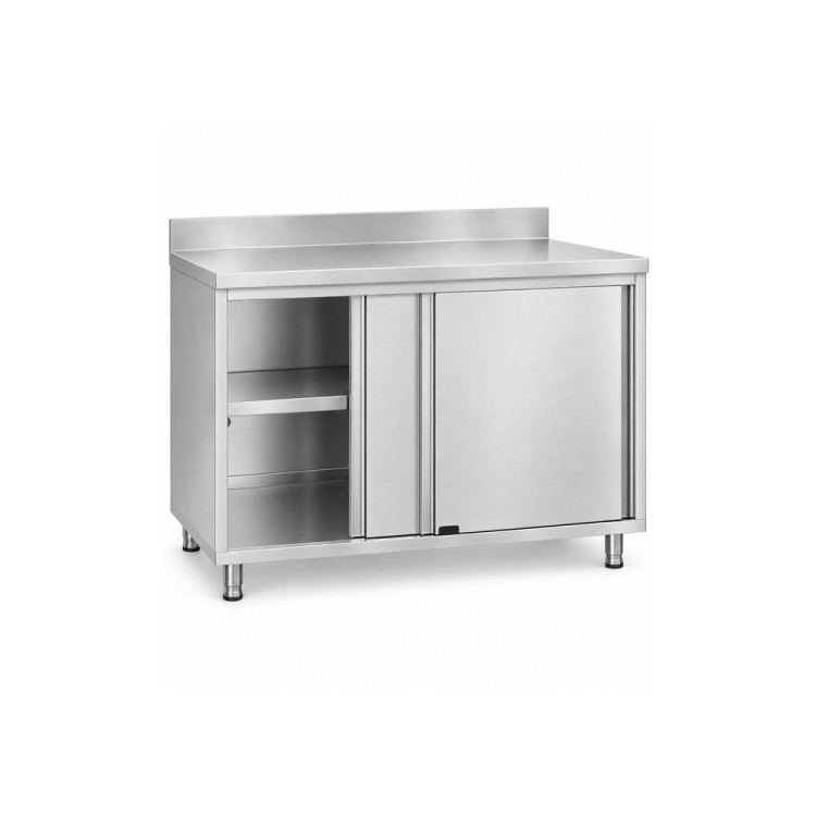 Commercial Stainless Steel Sliding Door Work Table Cabinet with Shelf and Backsplash 1000x500x950mm | CaterEq CEQNH836 Commercial Stainless Steel Sliding Door Work Table Cabinet with Shelf and Backsplash 1000x500x950mm | CaterEq CEQNH836