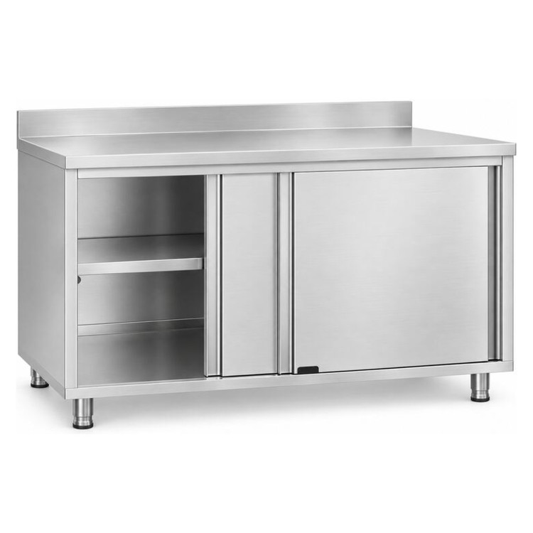 Commercial Stainless Steel Sliding Door Work Table Cabinet with Shelf and Backsplash 1600x500x950mm | CaterEq CEQNH842