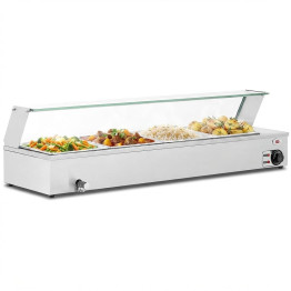 Commercial Stainless Steel Bain Marie with Glass Guard and 4 × 1/2 GN Pans & Lids 1490×375×335mm | CaterEq CEM204
