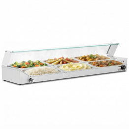Commercial Stainless Steel Bain Marie with Glass Guard and 5 × 1/2 GN Pans & Lids 1490×375×335mm | CaterEq CEM205