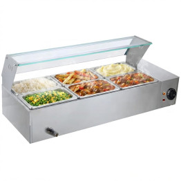 Commercial Stainless Steel Bain Marie with Glass Guard and 6 × 1/2 GN Pans & Lids 1100×570×385mm | CaterEq CEM2223