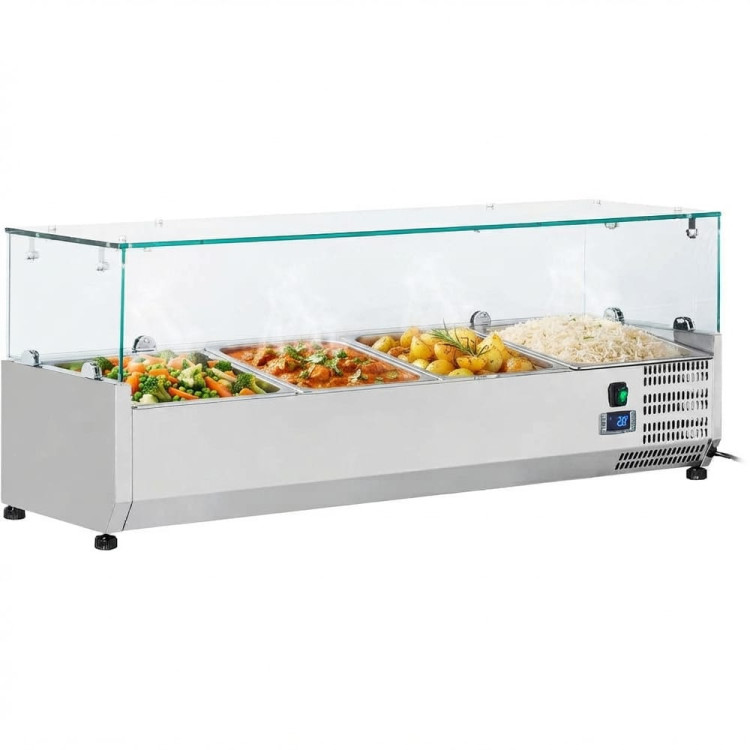 Refrigerated Servery Prep Top 1200mm 5×GN1/4 with Glass Top Stainless Steel 1200x335x435mm| CaterEq CETHV1200/380 Refrigerated Servery Prep Top 1200mm 5×GN1/4 with Glass Top Stainless Steel 1200x335x435mm| CaterEq CETHV1200/380