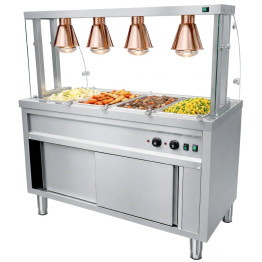 Commercial Heated Bain Marie Food Serving Counter for 4 x GN1/1 with Heated Cabinet, Curved Glass and 4 Heat Lamps 1470 x 700 x 1450mm | CaterEq CEVCBMGN4AGH