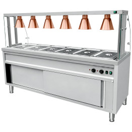 Commercial Heated Bain Marie Food Serving Counter for 6 x GN1/1 with Heated Cabinet, Curved Glass and 6 Heat Lamps 2130 x 700 x 1450mm | CaterEq CEVCBMGN6AGH