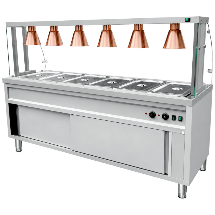 Commercial Heated Bain Marie Food Serving Counter for 6 x GN1/1 with Heated Cabinet, Curved Glass and 6 Heat Lamps 2130 x 700 x 1450mm | CaterEq CEVCBMGN6AGH