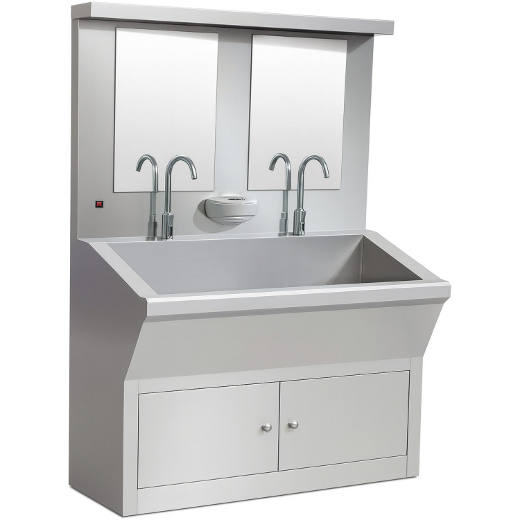 Commercial Stainless Steel Double Scrub Sink with Mirrors, Pedal Controls & Dual Faucets 1200x600x1800mm | CaterEq CEYYKY1261 Commercial Stainless Steel Double Scrub Sink with Mirrors, Pedal Controls & Dual Faucets 1200x600x1800mm | CaterEq CEYYKY1261