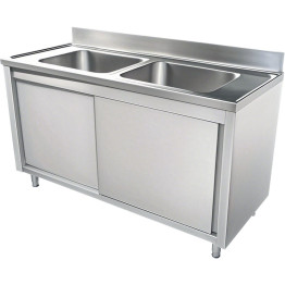 Commercial Stainless Steel Sink with Cupboard &amp; Splashback 2 Bowls 1200x600x850mm | CaterEq CEQNH1004