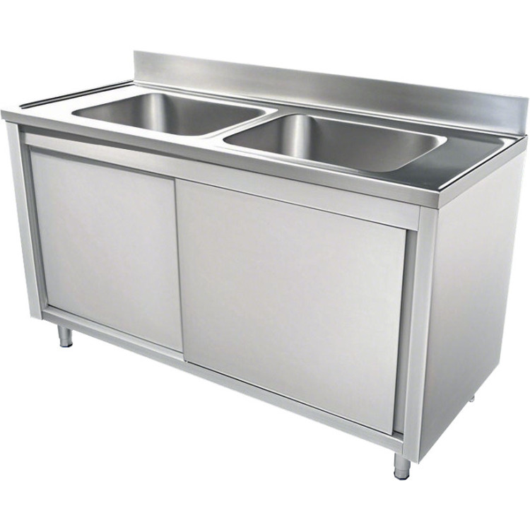 Commercial Stainless Steel Sink with Cupboard &amp; Splashback 2 Bowls 1200x600x850mm | CaterEq CEQNH1004