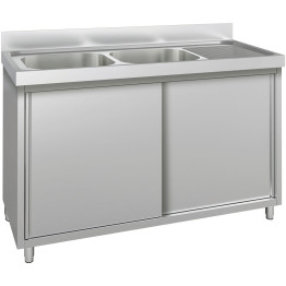 Commercial Stainless Steel Sink with Cupboard &amp; Splashback 2 Bowls Left Side 1500x600x850mm | CaterEq CEQNH1008