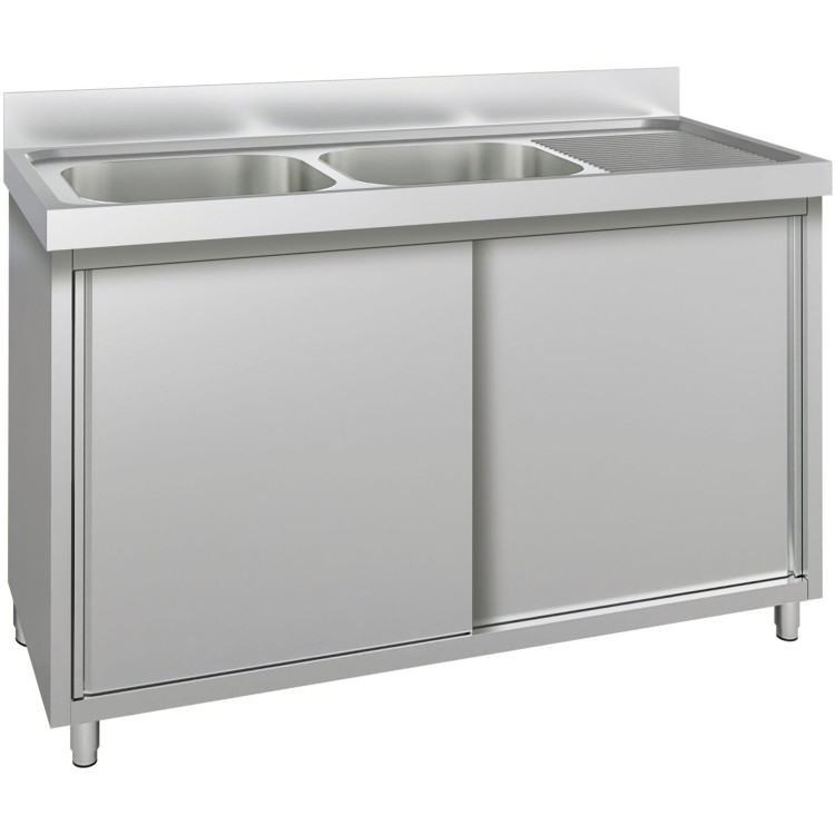 Commercial Stainless Steel Sink with Cupboard &amp; Splashback 2 Bowls Left Side 1500x600x850mm | CaterEq CEQNH1008