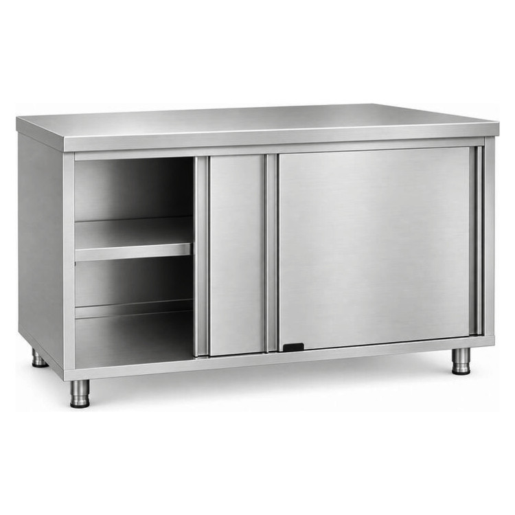 Commercial Stainless Steel Sliding Door Work Table Cabinet with Shelf 1500x600x850mm | CaterEq CEQNH304