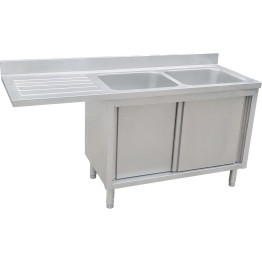 Stainless Steel Double Bowl Sink Unit with Left Drainer & Cabinet 1600×700×950mm | CaterEq CEYLC167SBR2