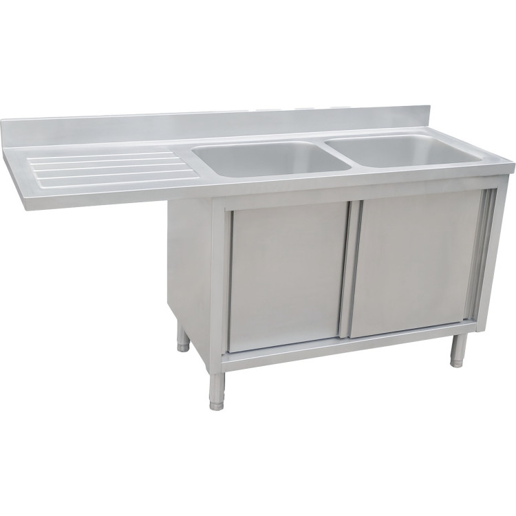 Stainless Steel Double Bowl Sink Unit with Left Drainer & Cabinet 1600×600×950mm | CaterEq CEYLC166SBR2