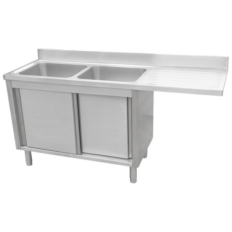 Stainless Steel Double Bowl Sink Unit with Right Drainer & Cabinet 1600×600×950mm | CaterEq CEYLC166SBL2